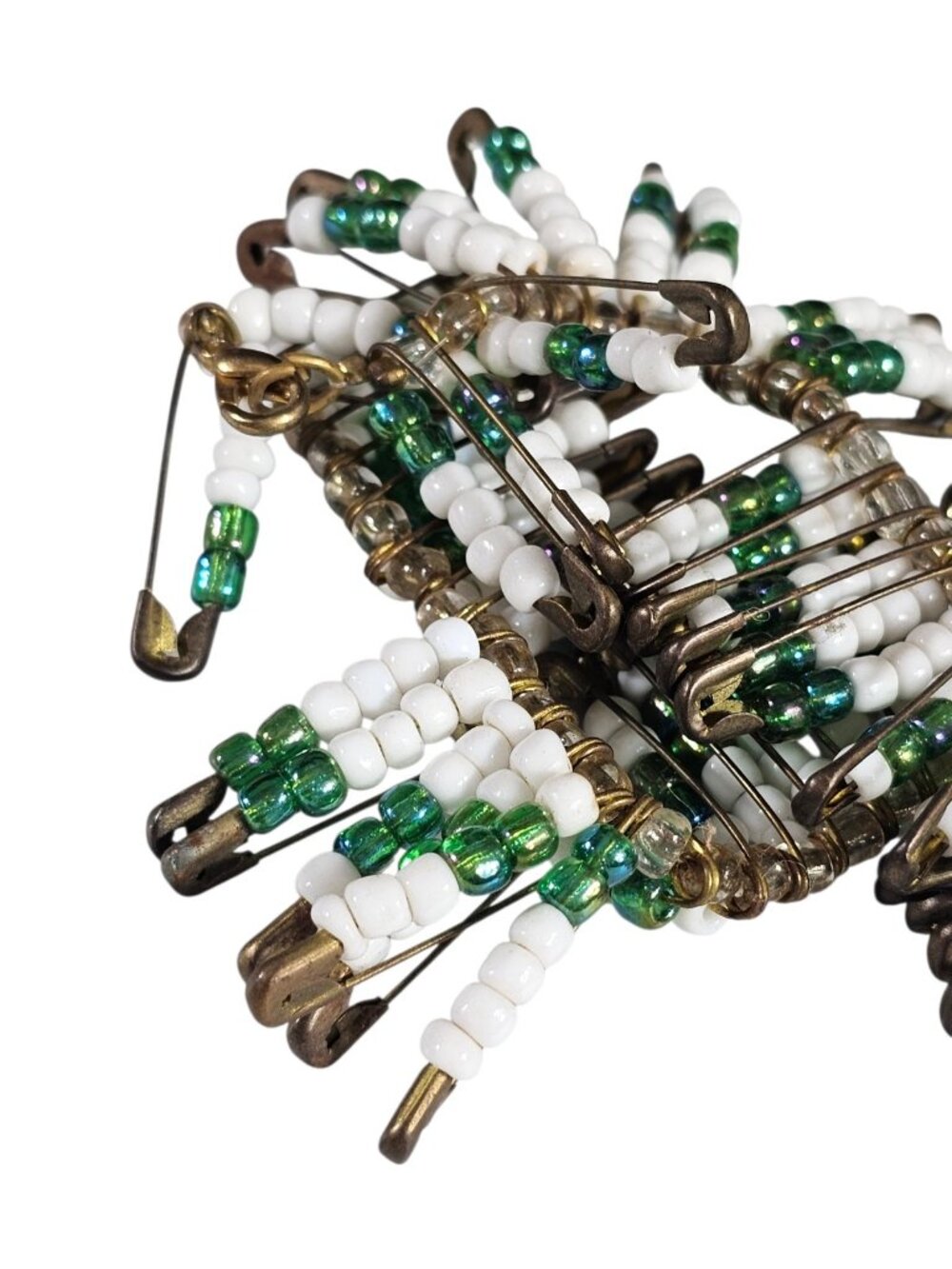 Safety Pin Beaded Necklace 22.5” White Green Glass Beads Statement Boho Tribal - Picture 9 of 10